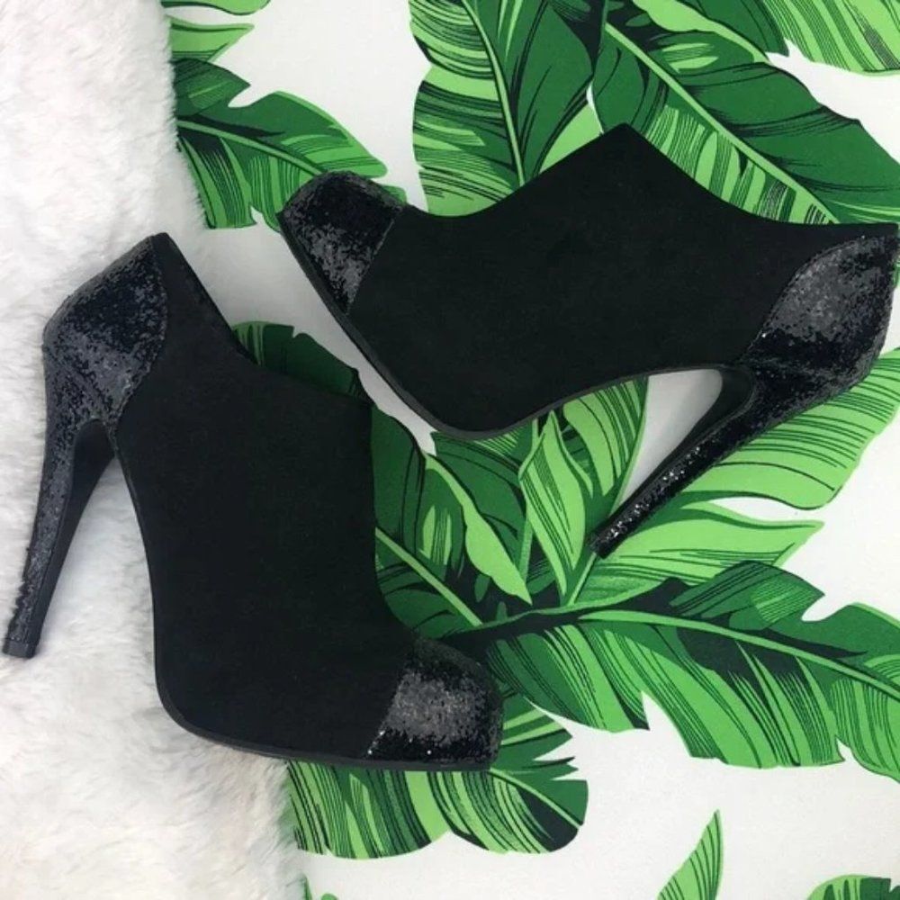 Rampage Harvey Glitter Black Ankle Heel Booties Boots NEW